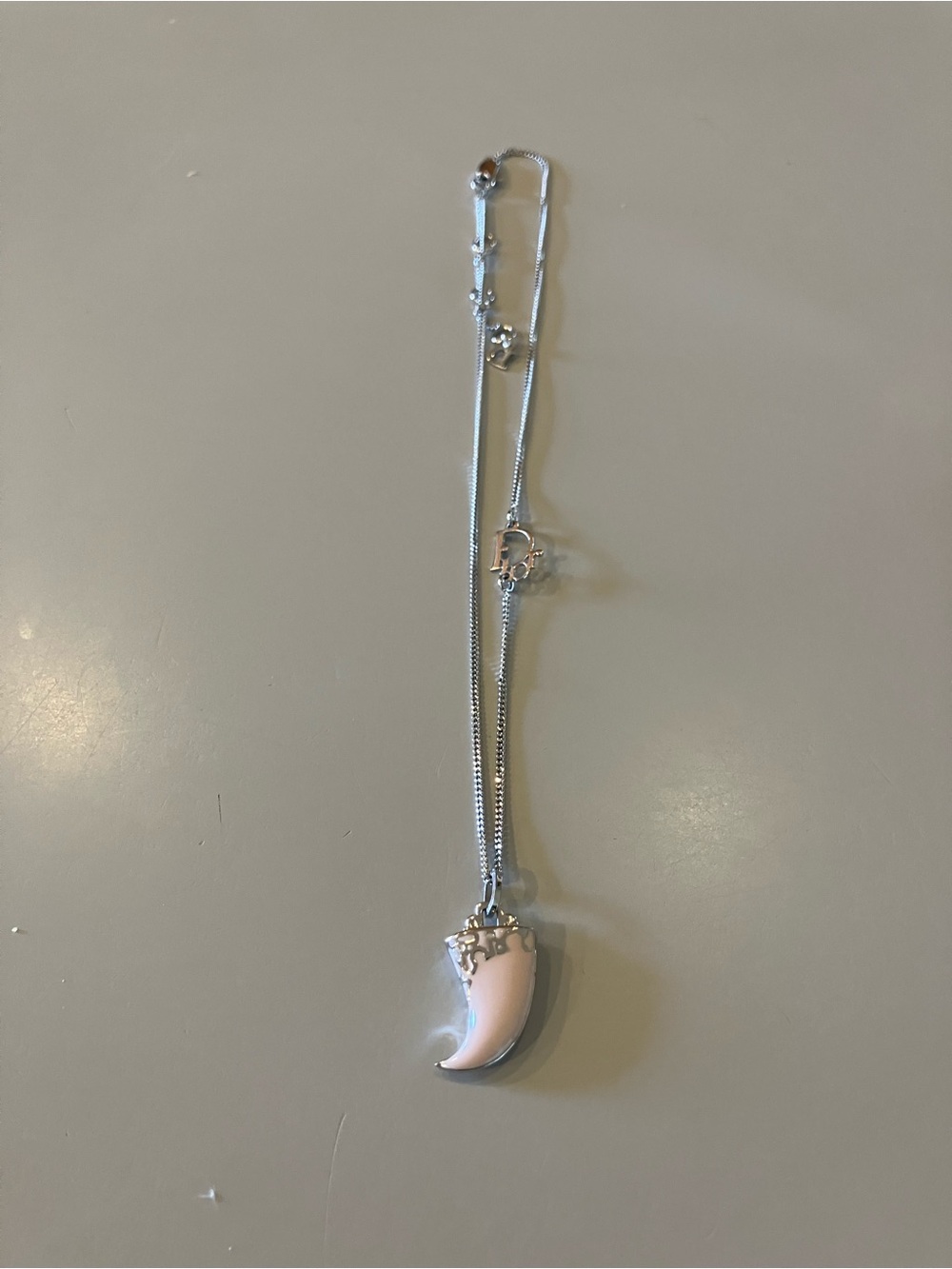 Dior Silver Chain with Pink fang necklace rare nwot - Picture 6 of 9